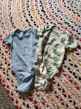 Old Navy Light Blue waffle knit onesie & Cream Caterpillar Print One-Piece Set